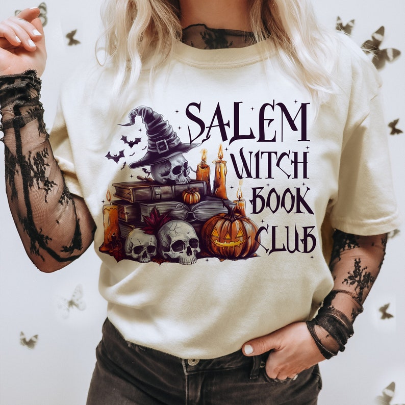Salem witch book club skulls pumpkins purple witch hat 68493 DTF transfer