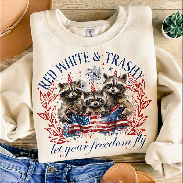 Red white & trashy let your freedom fly racoon trio DTF transfer