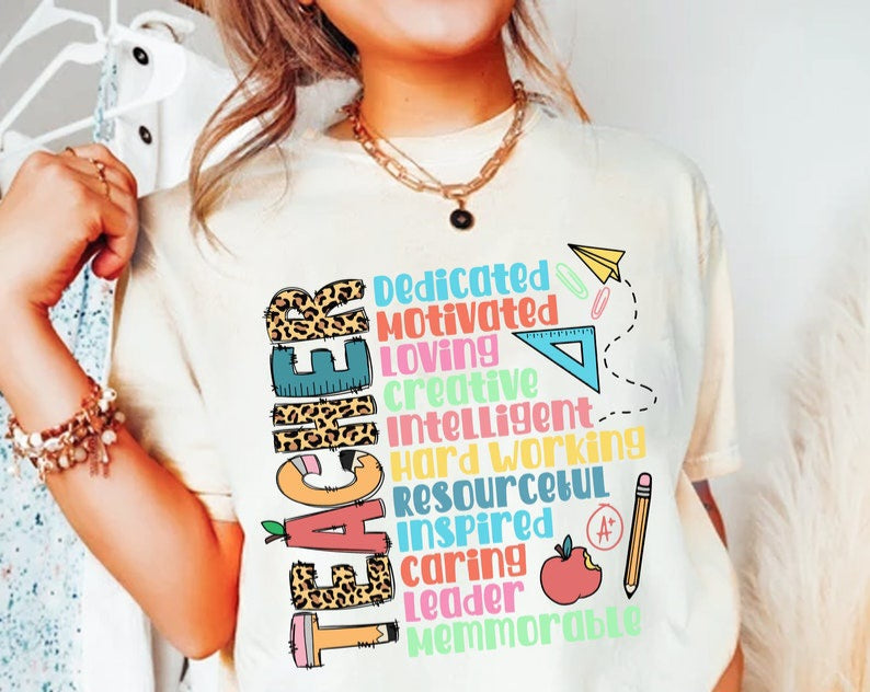 Teacher LEOPARD FONT dedicated motivated loving apple pencil paper airplane 45077 DTF transfer