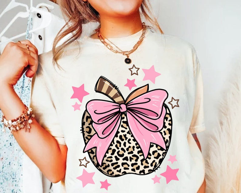 Leopard apple with pink bow 45080 DTF transfer
