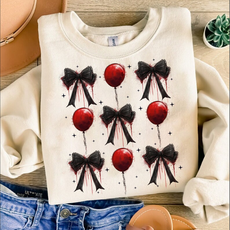 Black bow collage with RED BALLOONS DTF transfer