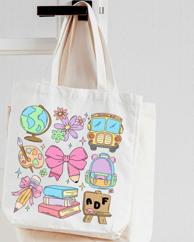 School collage with bus books backpack pink bow 45079 DTF transfer