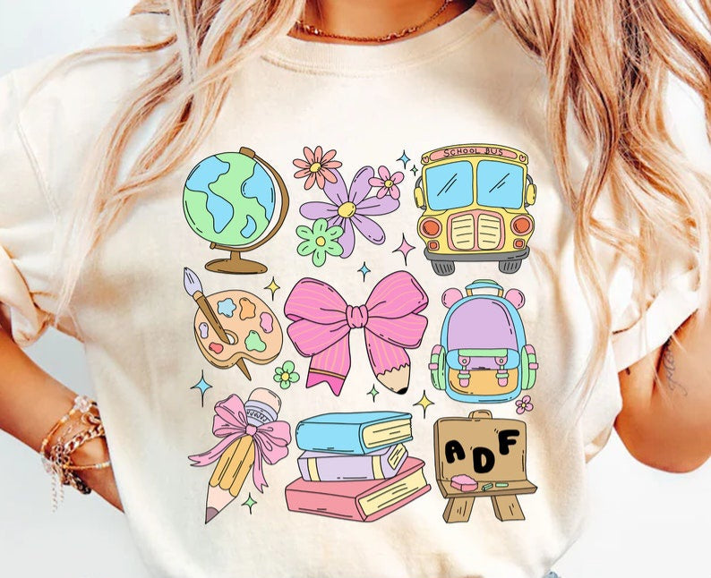 School collage with bus books backpack pink bow 45079 DTF transfer