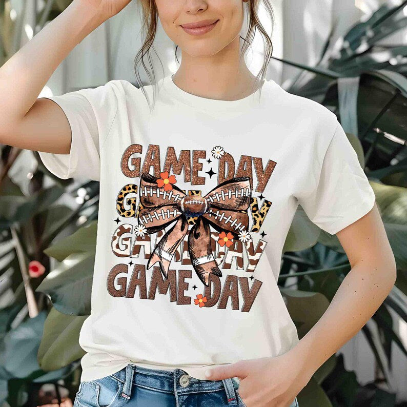 Game day stacked leopard and cowhide fonts with football bow 68511 DTF transfer