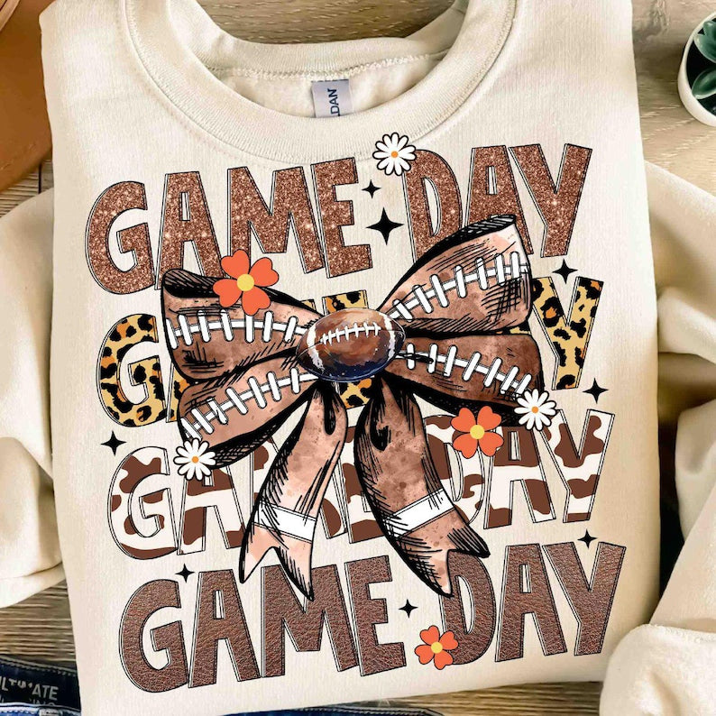 Game day stacked leopard and cowhide fonts with football bow 68511 DTF transfer