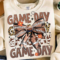 Game day stacked leopard and cowhide fonts with football bow DTF transfer