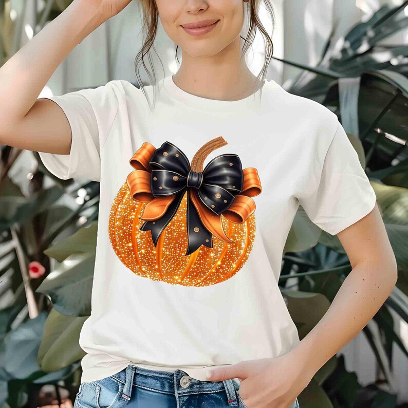 Orange glitter effect pumpkin black bow 68510 DTF transfer