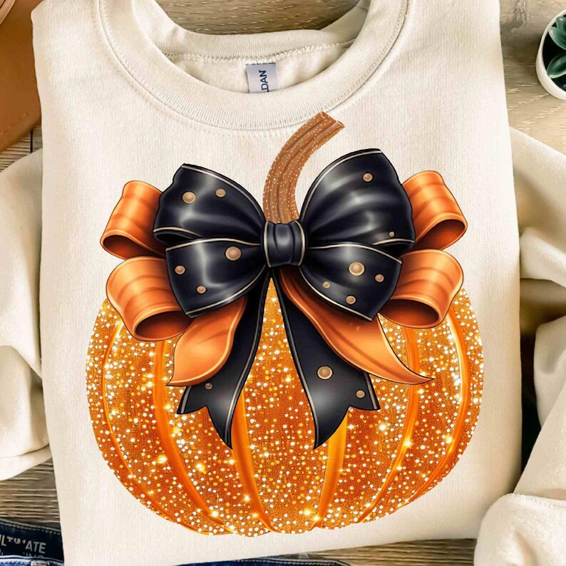 Orange glitter effect pumpkin black bow 68510 DTF transfer
