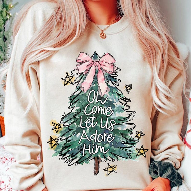 Oh come let us adore him green tree gold stars PINK BOW DTF Transfer