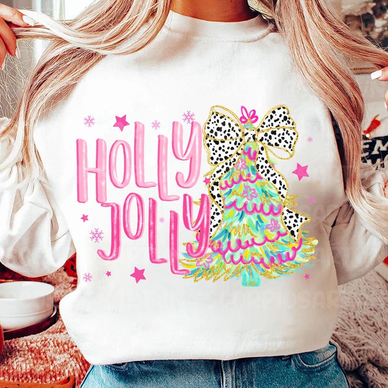 Holly Jolly pink font colorful tree dotted bow DTF transfer