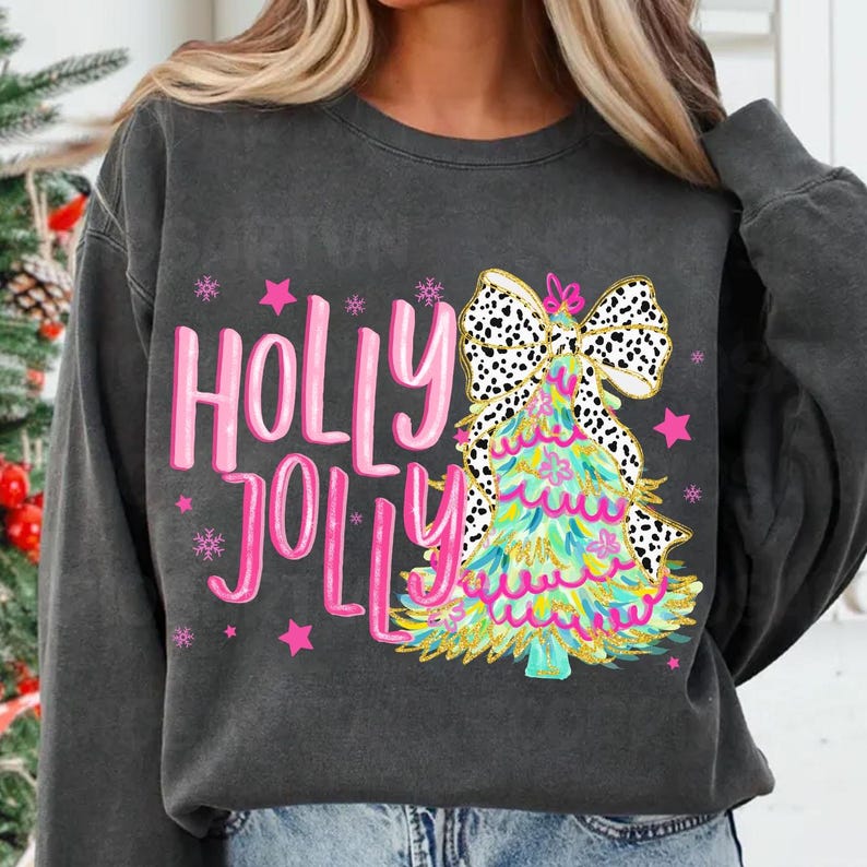 Holly Jolly pink font colorful tree dotted bow DTF transfer