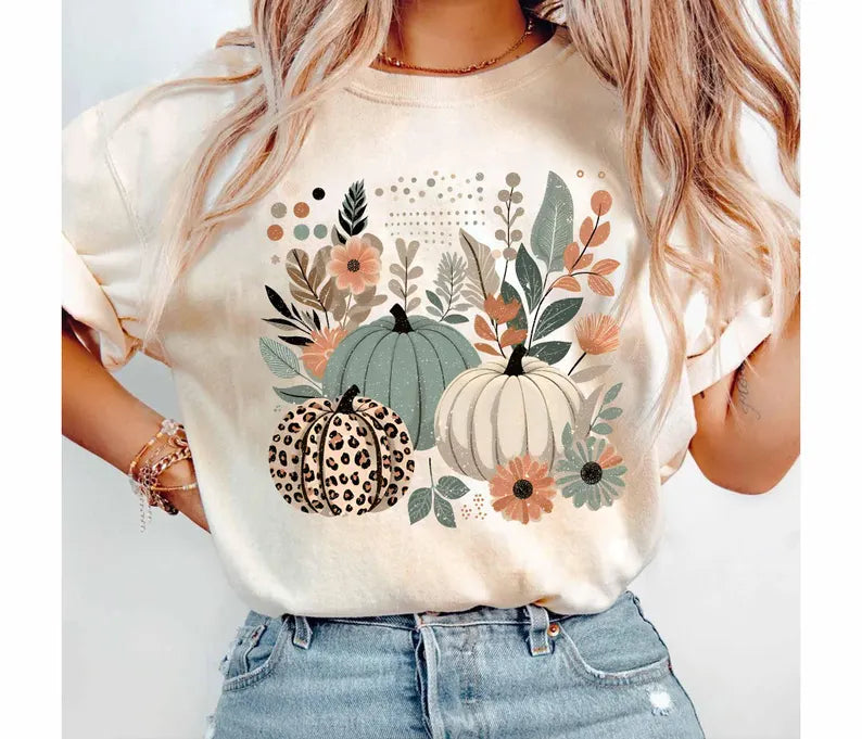 Leopard and turquoise pumpkins with florals DTF Transfer