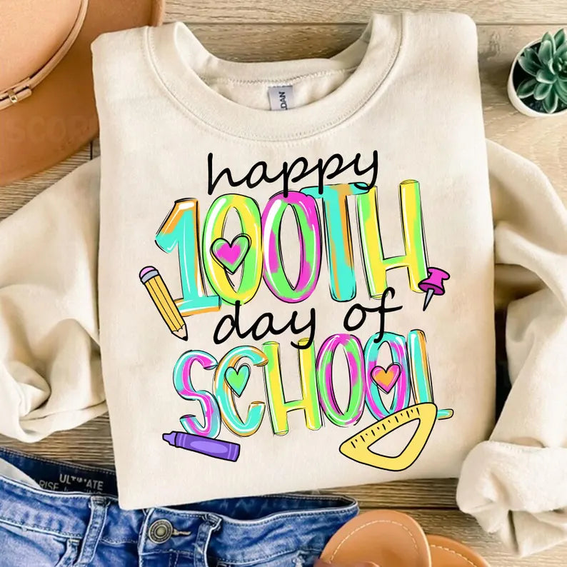 Happy 100th day of school with black font 85882 DTF transfer