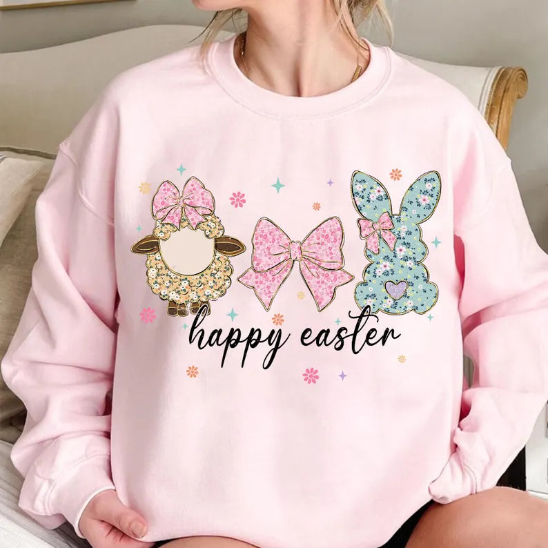 Happy easter sheep bow bunny with black font 85883 DTF transfer