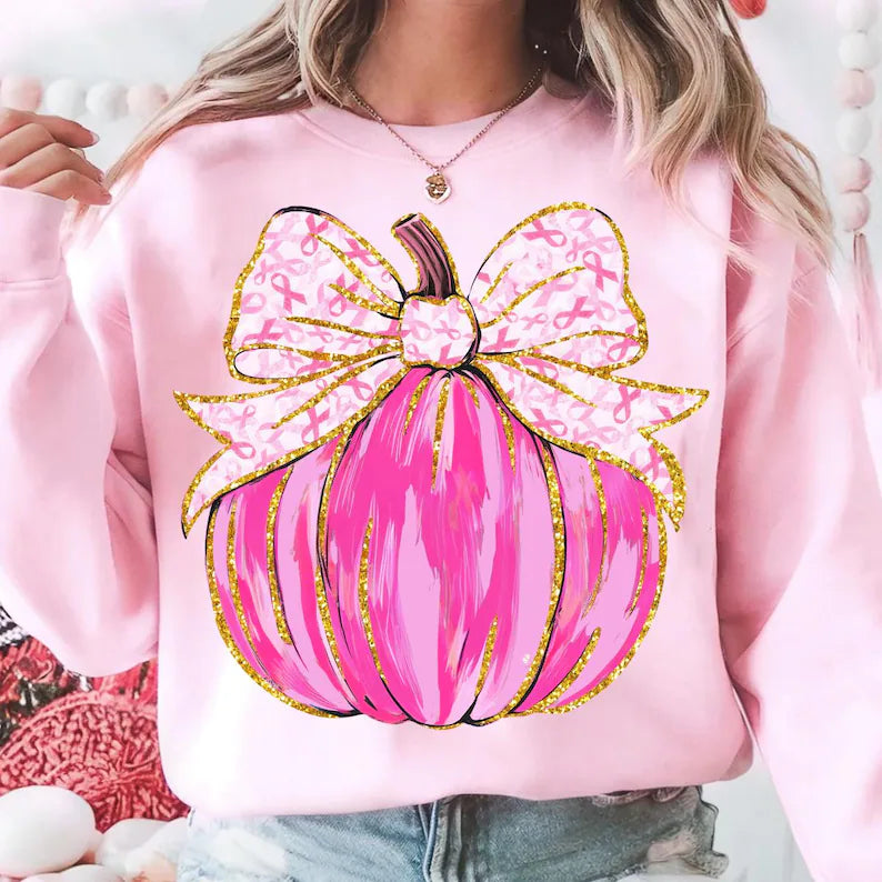 Pink pumpkin breast cancer bow Sunday Special DTF transfer