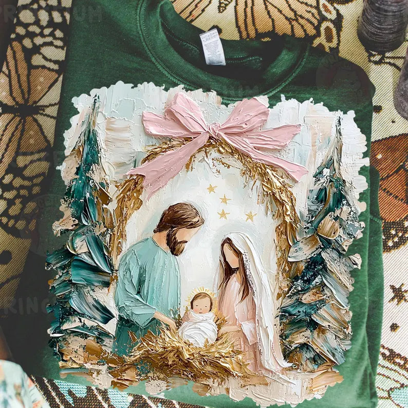 Mary Joseph and baby Jesus with pink bow faux painted DTF transfer