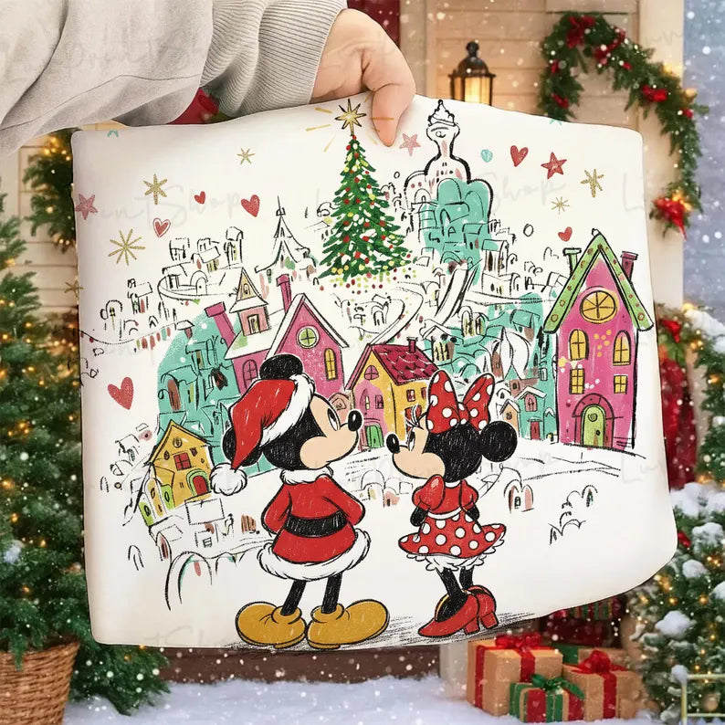 Boy and girl mouse standing over Christmas town Sunday Special DTF transfer