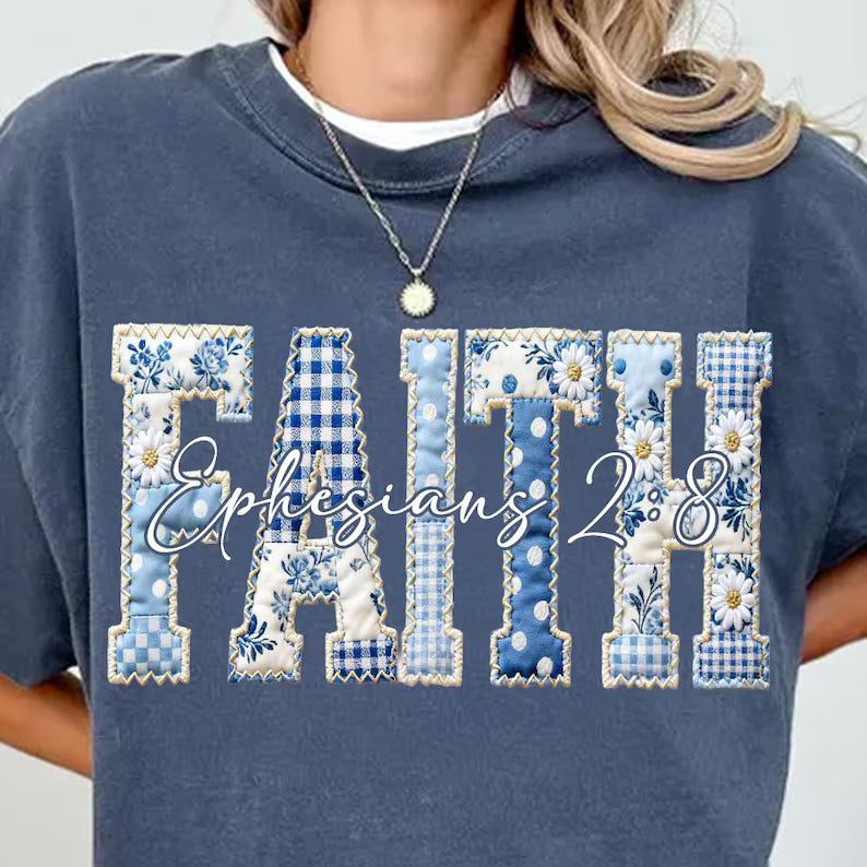 Faith blue patchwork DTF transfer