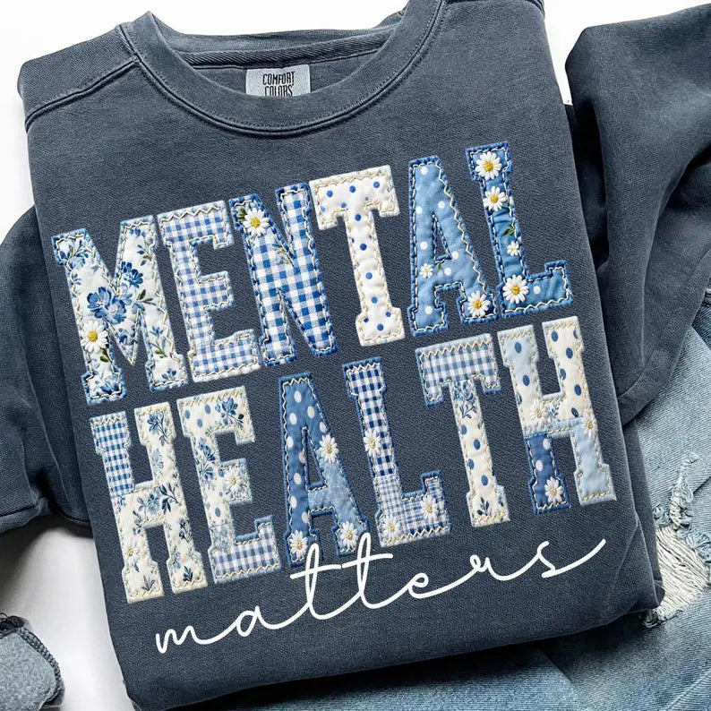 Mental health awareness blue patchwork SUNDAY SPECIAL DTF transfer