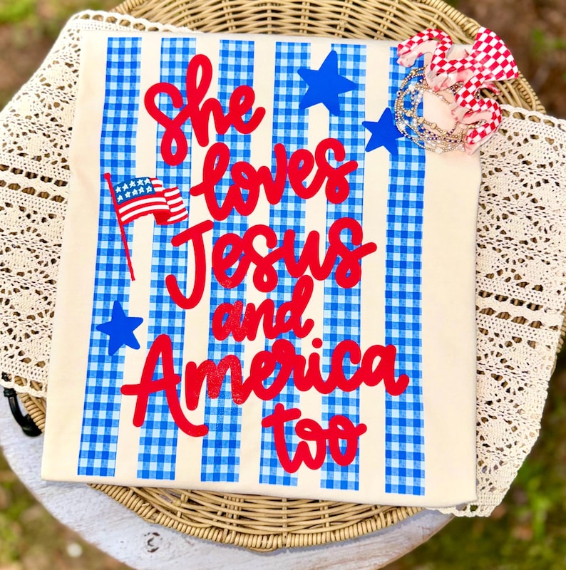 She loves Jesus and America too gingham background Sunday Special DTF transfer