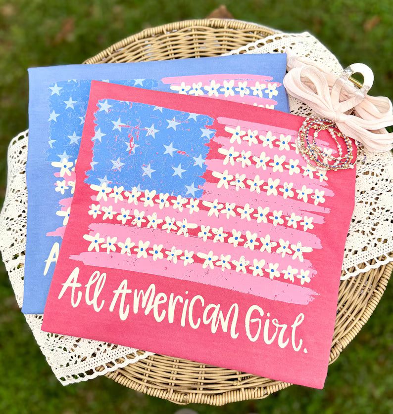All American girl floral flag Sunday Special DTF transfer
