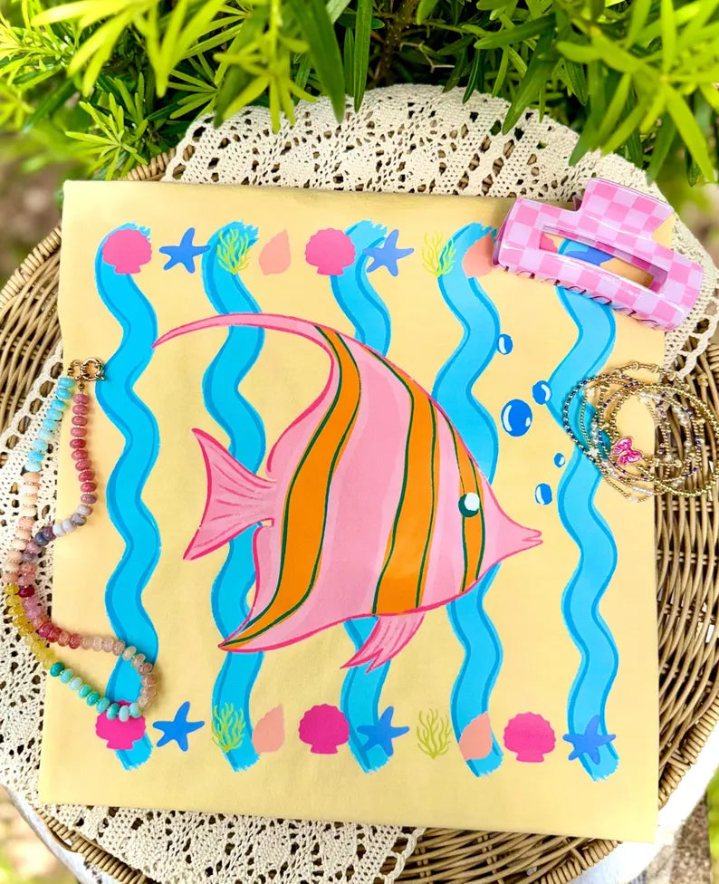 Pink and orange fish with blue stripes Sunday Special DTF transfer