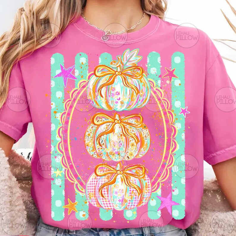 Stacked pumpkin trio oval frame teal stripes DTF Transfer
