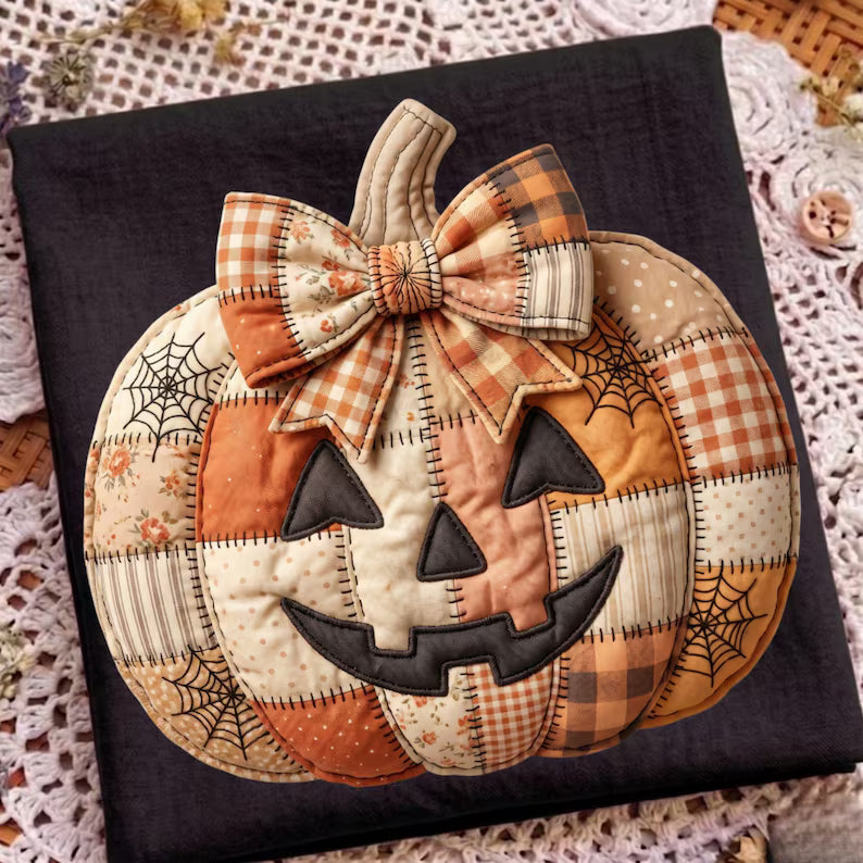Happy face jack o lantern with bow faux patchwork DTF Transfer