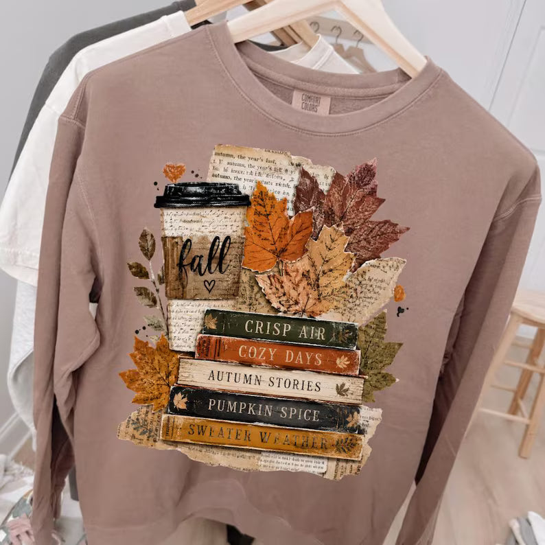 Crisp air cozy days book stack DTF Transfer