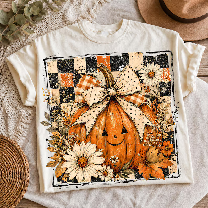 Happy jack o lantern checkered background with florals DTF Transfer