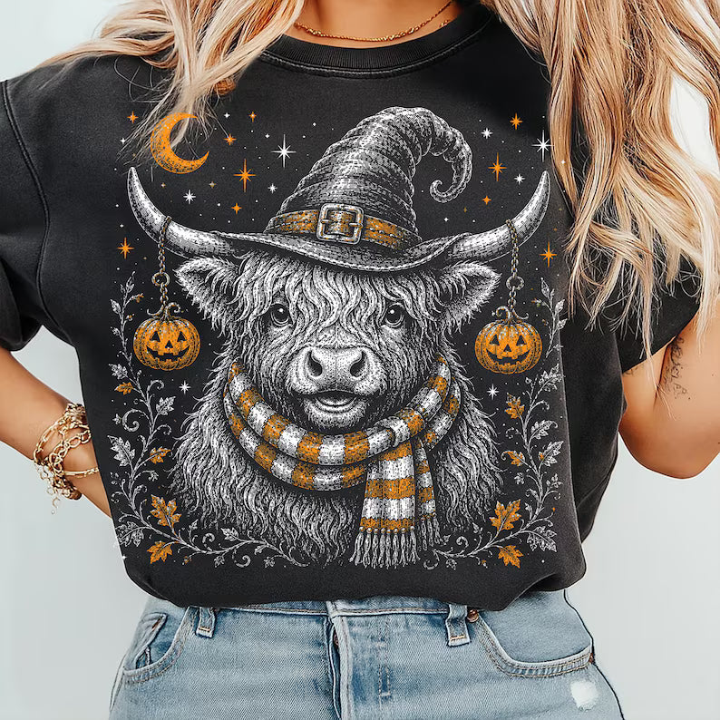 Highland cow witch hat with pumpkins DTF Transfer