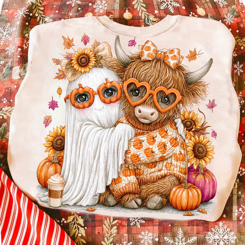 Ghost and highland cow pumpkins and florals DTF Transfer