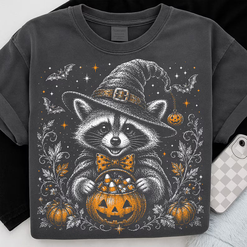 Raccoon witch hat with pumpkins DTF Transfer