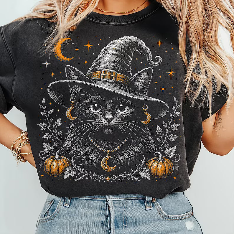 Black cat witch hat with pumpkins DTF Transfer