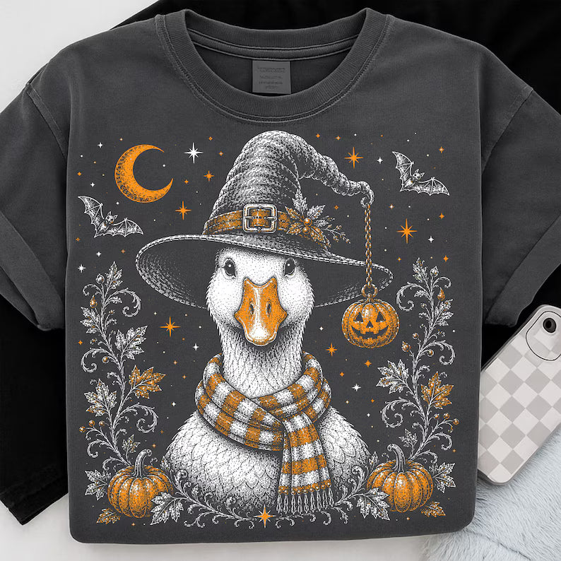 Duck witch hat with pumpkins DTF Transfer