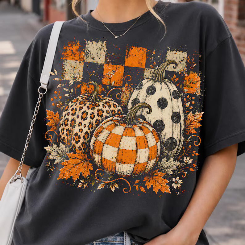 Pumpkin trio checkered background DTF Transfer