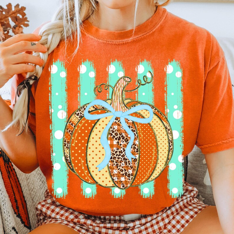 Patterned pumpkin blue bow teal stripes DTF Transfer