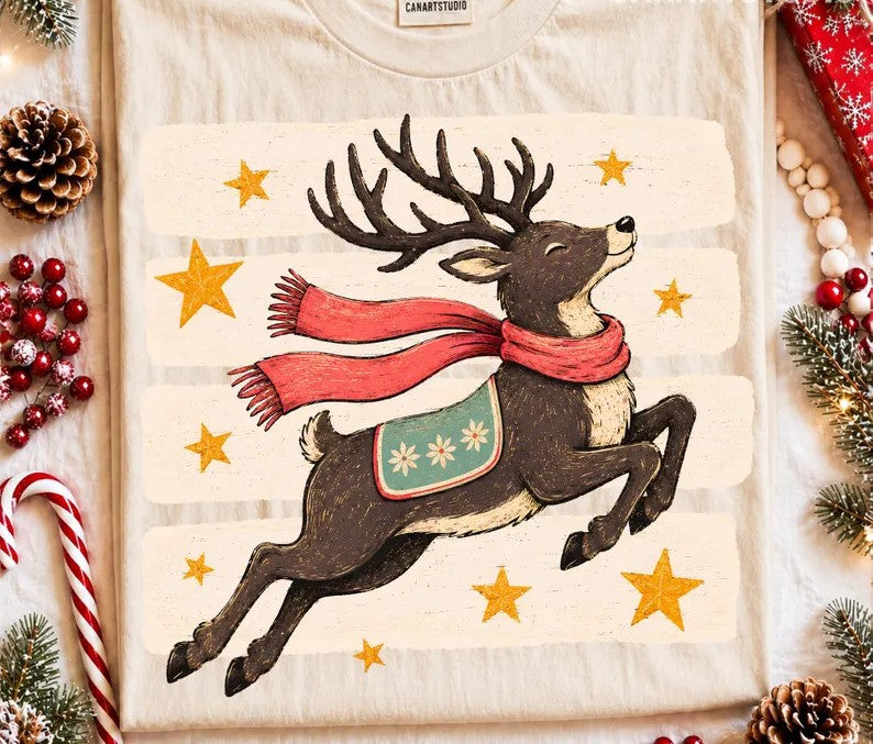 Jumping reindeer red scarf DTF transfer