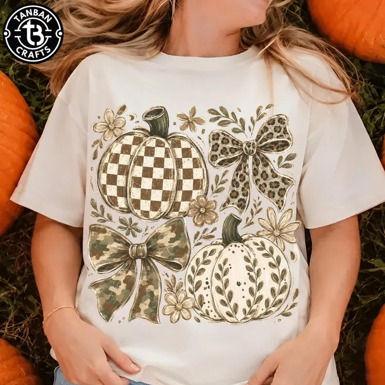 Tan pumpkins and bows with florals DTF Transfer