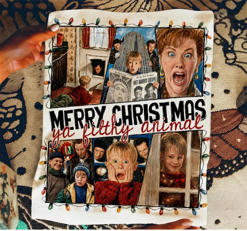 Merry Christmas ya filthy animal Kevin collage wrapped in Christmas lights DTF transfer