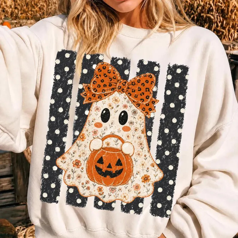 patterned ghost with polkadot stripes DTF Transfer