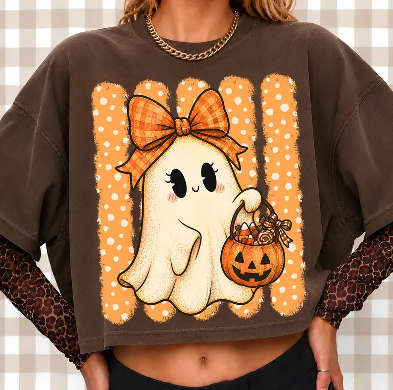 Ghost with orange plaid bow DTF Transfer