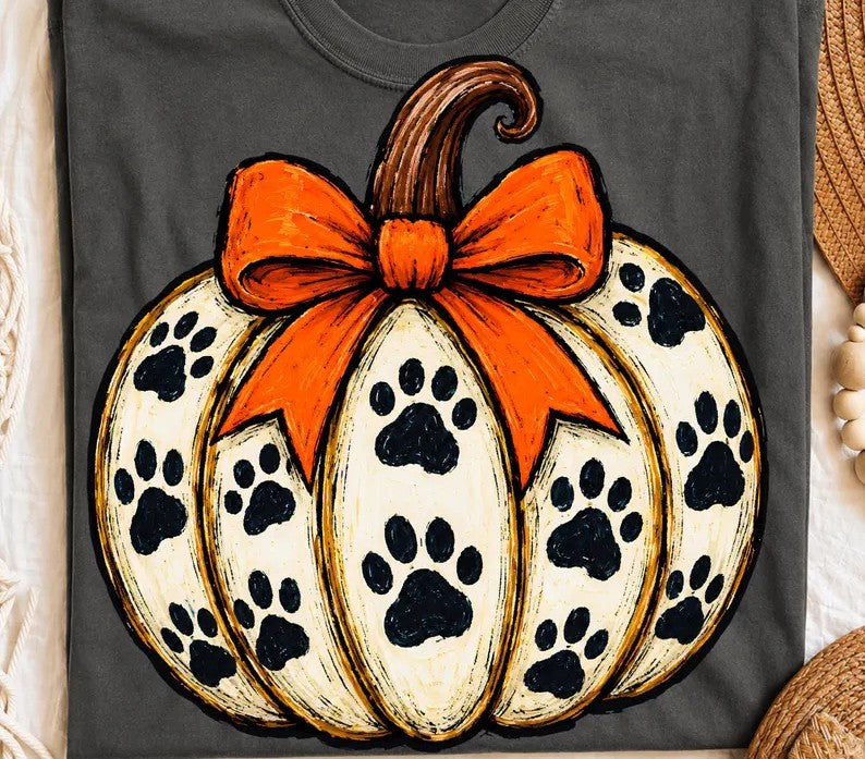 pumpkin orange bow paw prints DTF transfer