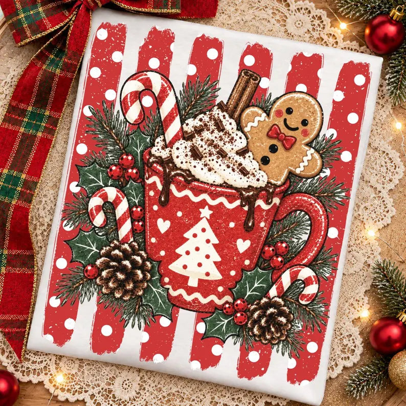 Christmas hot cocoa with gingerbread red polkadot stripes Sunday Special DTF transfer