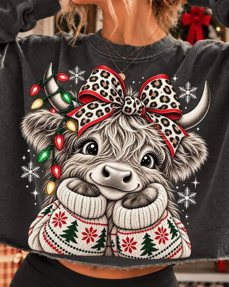 Highland cow cozy sweater leopard and red bow Sunday Special DTF transfer