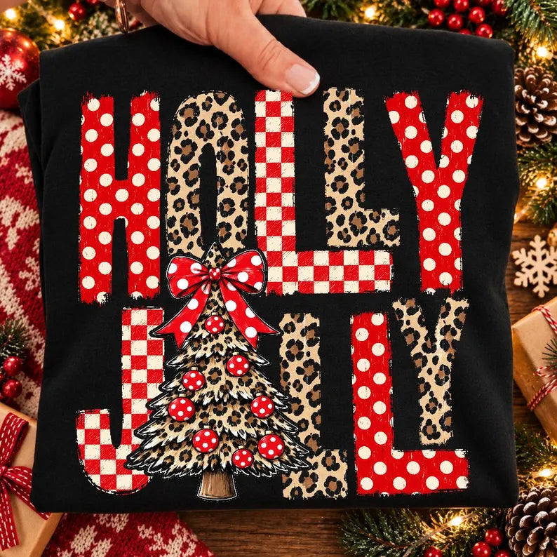 Holly jolly leopard Christmas tree red polkadot bow Sunday Special DTF transfer