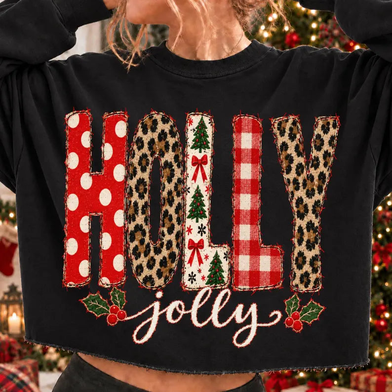 Holly Jolly polkadot leopard Christmas trees red bows and plaid letters white jolly DTF Transfer