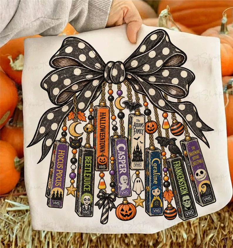 Vintage Halloween movies black and white polkadot bow Sunday Special DTF transfer