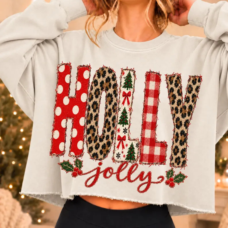Holly Jolly polkadot leopard Christmas trees red bows and plaid letters red jolly DTF Transfer
