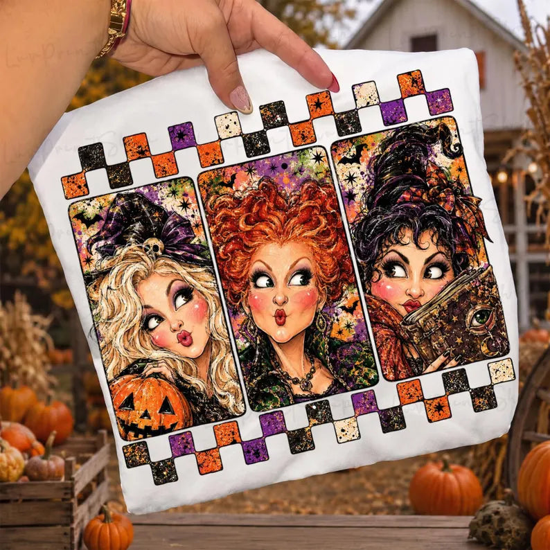 HP sister frame trio orange black and purple checkered Sunday Special DTF transfer